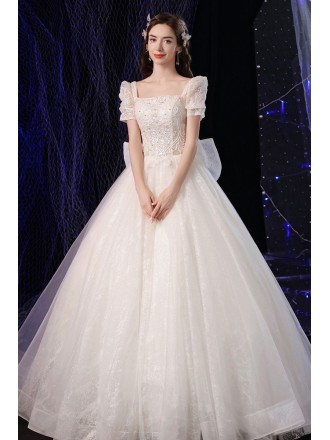 Fairytale Square Neck Ball Gown Wedding Dress with Beaded Short Sleeves