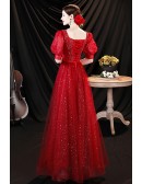 Burgundy Bling Tulle Prom Dress Square Neckline with Bubble Sleeves