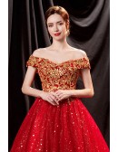 Stunning Bling Sequins Red Ball Gown Prom Dress Off Shoulder with Embroidery