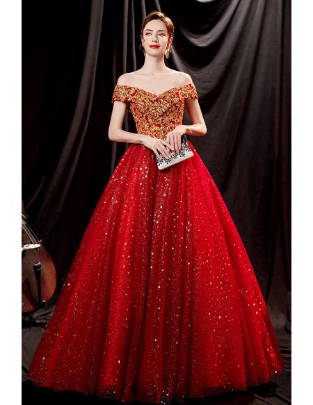 Stunning Bling Sequins Red Ball Gown Prom Dress Off Shoulder with Embroidery