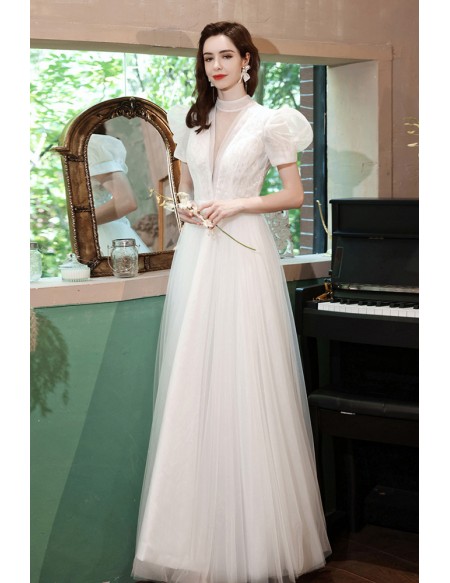 Pretty Ivory White Party Prom Dress Vneck with Bubble Sleeves