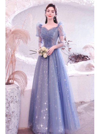 Fantasy Mist Blue Aline Long Tulle Prom Dress with Sheer Long Sleeves