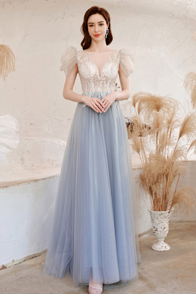 Gorgeous Illusion Deep Vneck Blue Tulle Prom Dress with Bubble Sleeves Wholesale #T74082 - GemGrace.com Gorgeous Illusion Deep Vneck Blue Tulle Prom Dress with Bubble Sleeves Wholesale #T74082 - GemGrace.com
