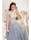 Gorgeous Illusion Deep Vneck Blue Tulle Prom Dress with Bubble Sleeves
