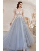 Gorgeous Illusion Deep Vneck Blue Tulle Prom Dress with Bubble Sleeves