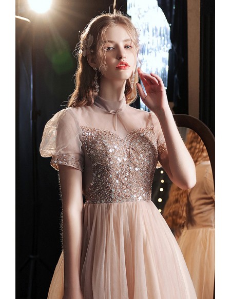 Cute Nude Pink Bling Sequins Short Prom Dress with Bubble Short Sleeves