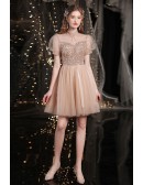 Cute Nude Pink Bling Sequins Short Prom Dress with Bubble Short Sleeves