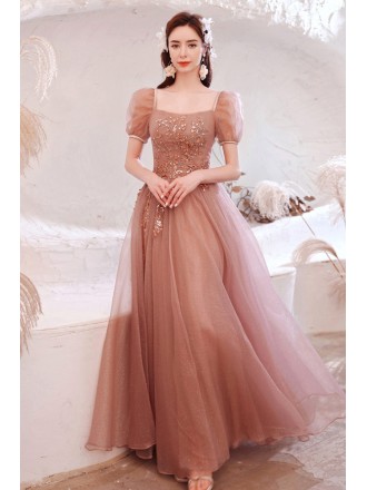 Elegant Pink Aline Long Square Neck Prom Dress with Short Bubble Sleeves
