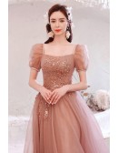 Elegant Pink Aline Long Square Neck Prom Dress with Short Bubble Sleeves