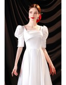 Elegant Square Neckline Satin Pleated Knee Length Reception Dress with Sleeves