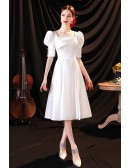Elegant Square Neckline Satin Pleated Knee Length Reception Dress with Sleeves