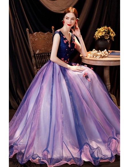 Beautiful Fairy Blue Purple Long Prom Dress Vneck with Flowers