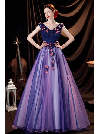 Beautiful Fairy Blue Purple Long Prom Dress Vneck with Flowers