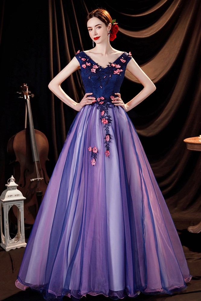 Beautiful Fairy Blue Purple Long Prom Dress Vneck with Flowers ...