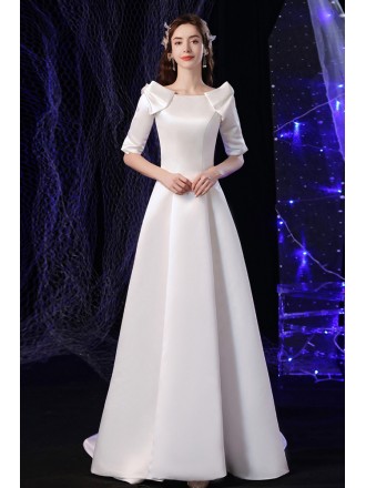 Ivory White Satin Evening Wedding Dress with Half Sleeves Sweep Train
