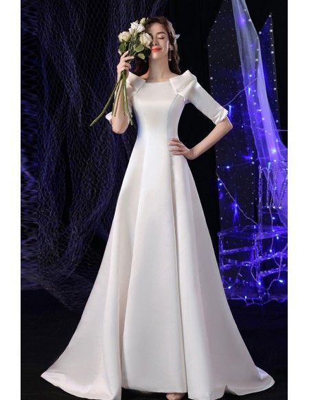 Ivory White Satin Evening Wedding Dress with Half Sleeves Sweep Train