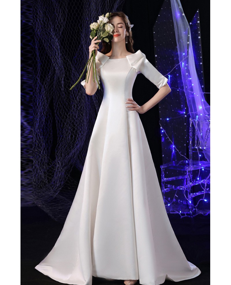Ivory White Satin Evening Wedding Dress with Half Sleeves Sweep Train ...