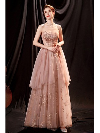 Strapless Nude Pink Bling Sequined Party Prom Dress with Sequins