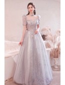 Gorgeous Silver Grey Sequined Long Prom Dress with High Neck Short Sleeves