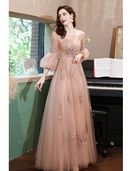Elegant Lantern Long Sleeved Pink Prom Dress with Appliques
