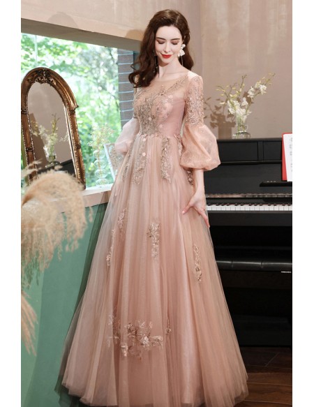 Elegant Lantern Long Sleeved Pink Prom Dress with Appliques