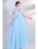 Sky Blue Ballgown Tulle Prom Dress Vneck with Ruffled Cap Sleeves