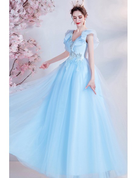 Sky Blue Ballgown Tulle Prom Dress Vneck with Ruffled Cap Sleeves