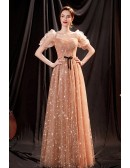 Dreamy Stars Gold Gorgeous Prom Dress Tulle with Bubble Sleeves