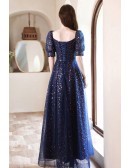 Navy Blue Tulle Aline Prom Dress with Bling Sequins Bubble Sleeves
