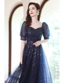 Navy Blue Tulle Aline Prom Dress with Bling Sequins Bubble Sleeves