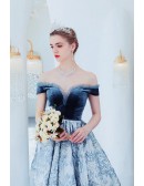 Unique Blue Pattern Off Shouler Ballgown Prom Dress Princess