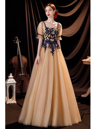 Gold Tulle Flowy Long Prom Dress Modest Square Neckline with Bubble Sleeves