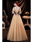 Gold Tulle Flowy Long Prom Dress Modest Square Neckline with Bubble Sleeves