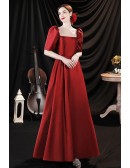 Retro Burgundy Square Neckline Evening Party Dress with Bubble Sleeves