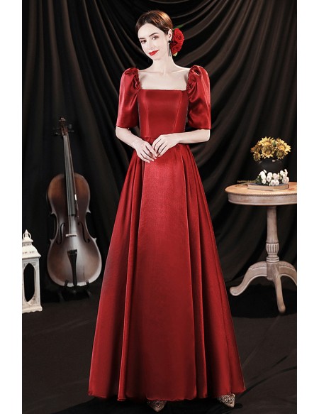 Retro Burgundy Square Neckline Evening Party Dress with Bubble Sleeves