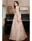Bling Champagne Star Pattern Gorgeous Prom Dress with Sheer Long Sleeves