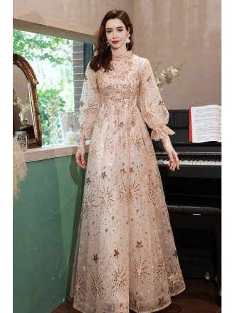 Bling Champagne Star Pattern Gorgeous Prom Dress with Sheer Long Sleeves