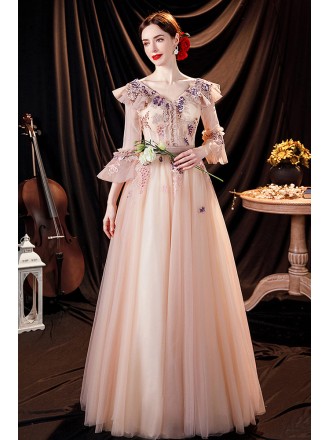 Elegant Pink Tulle Long Prom Dress Vneck with Lantern Half Sleeves