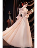 Elegant Pink Tulle Long Prom Dress Vneck with Lantern Half Sleeves