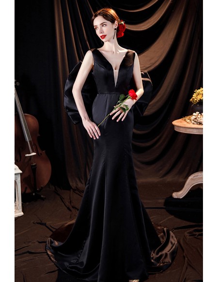 Slim Fit Long Black Satin Evening Prom Dress with Big Bow In Back