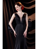 Slim Fit Long Black Satin Evening Prom Dress with Big Bow In Back