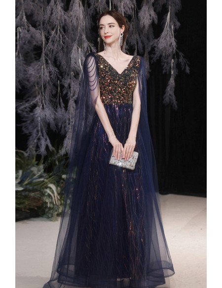 Stunning Sequined Navy Blue Aline Prom Dress with Cape Sleeves