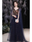 Stunning Sequined Navy Blue Aline Prom Dress with Cape Sleeves