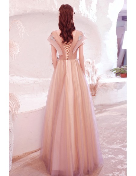 Cute Ombre Tulle Ballgown Prom Dress with Beaded Flowers Short Sleeves