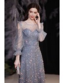 Blue Bling Sequins Sheer Round Neck Party Dress with Sleeves