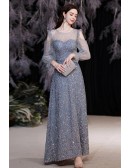 Blue Bling Sequins Sheer Round Neck Party Dress with Sleeves