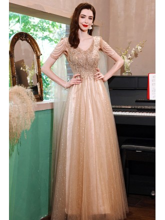 Gorgeous Vneck Champagne Gold Evening Prom Dress with Bling Sequins