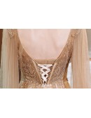 Gorgeous Vneck Champagne Gold Evening Prom Dress with Bling Sequins