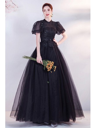 Gorgeous Beaded Lace Gothic Long Black Prom Dress Ballgown with Bubble Sleeves