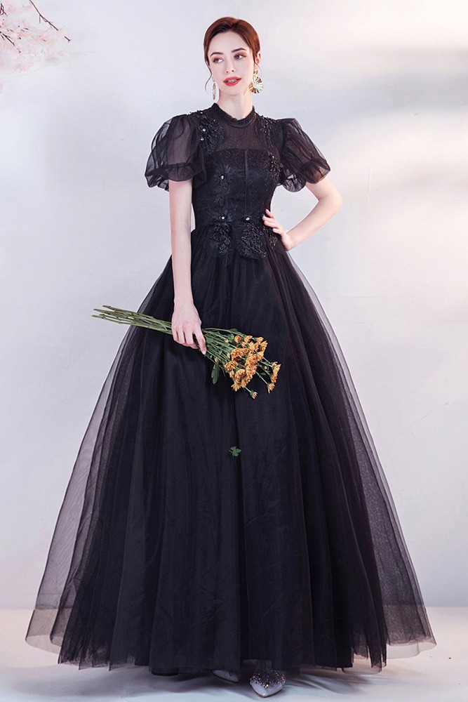 Gorgeous Beaded Lace Gothic Long Black Prom Dress Ballgown with Bubble ...